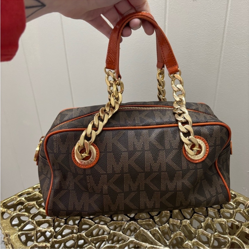 Michael Kors Orange and Brown Handbag with orange and Gold link straps